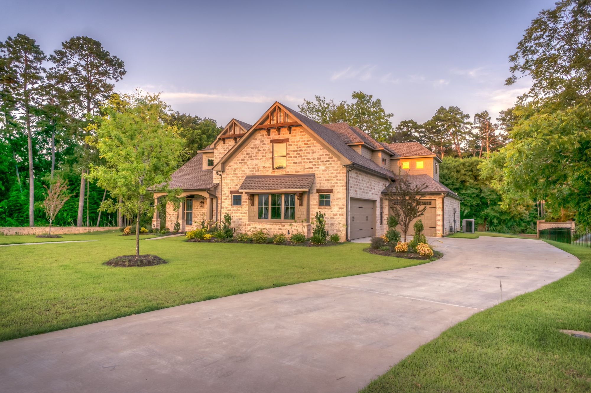 Woodland resort building at sunset